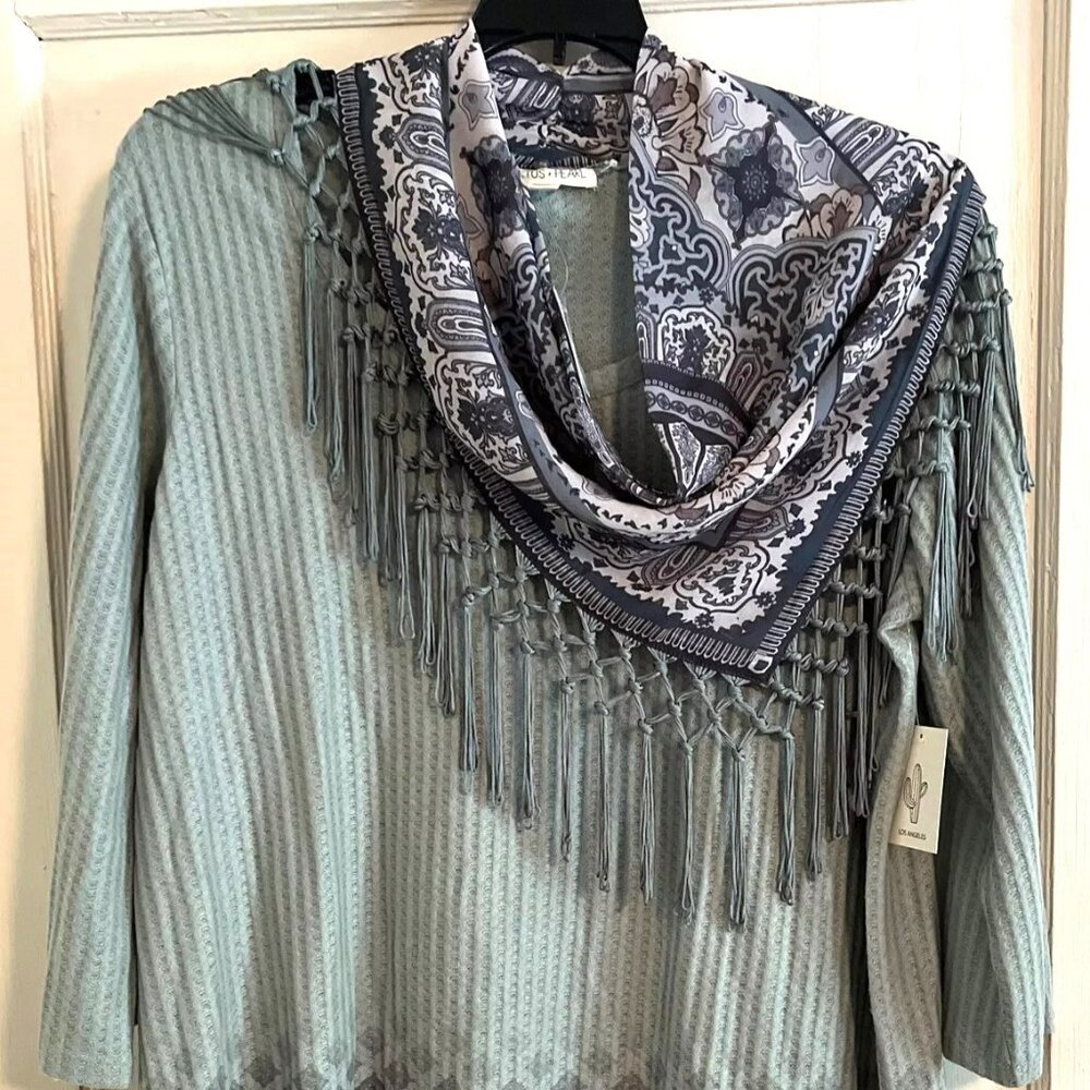Cactus + Pearl Womens Scarf Knit Green Blouse Size XL Pullover 3/4 Sleeves NWT